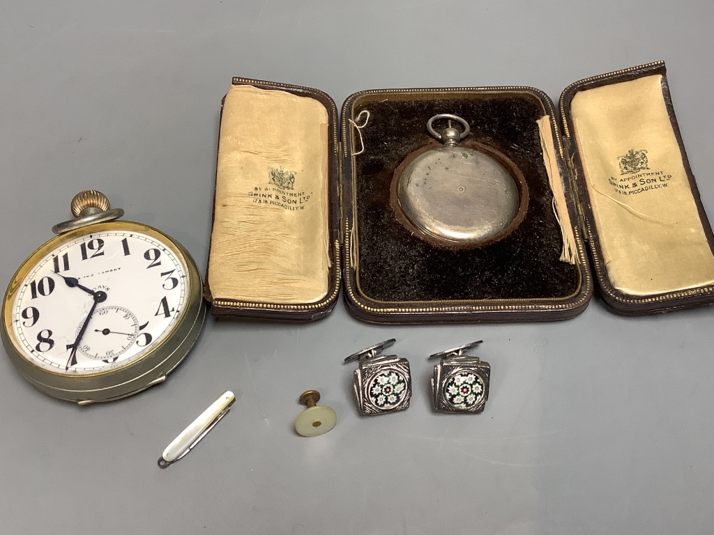 Two pocket watches including cased white metal, a pair of white metal and glass cufflinks and two other items.
